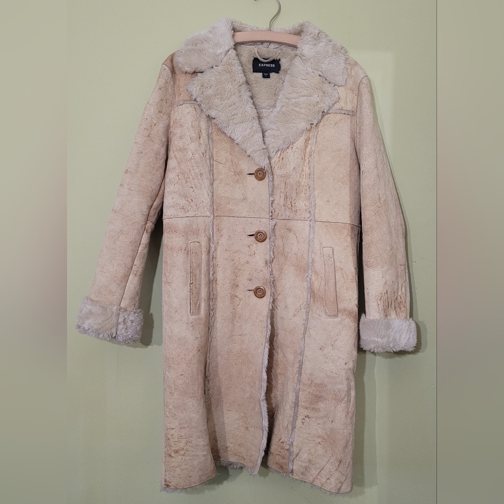 Express 100% Leather Tan Shearling Coat With Faux Fur Large